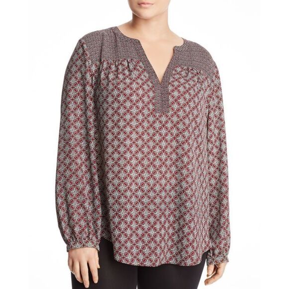 NYDJ Plus Womens Mixed Print Peasant Top in Maroon & Black Graphic Print Size 3X - Picture 2 of 12